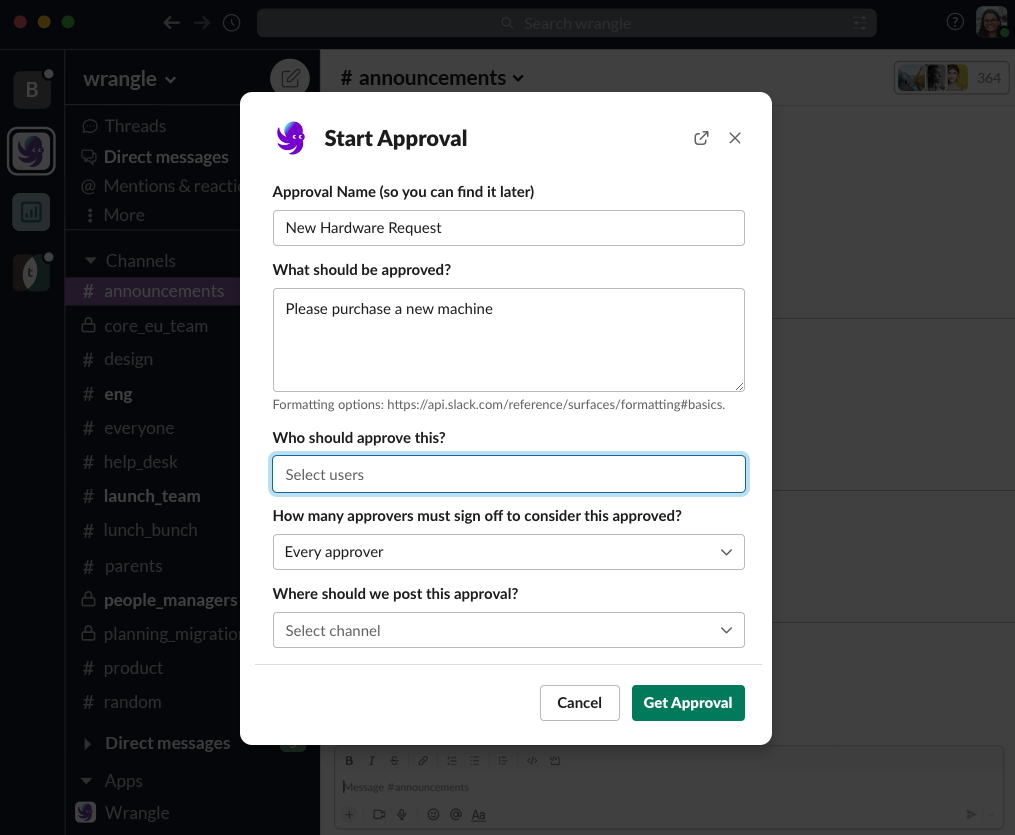 Start Wrangle Approval in Slack